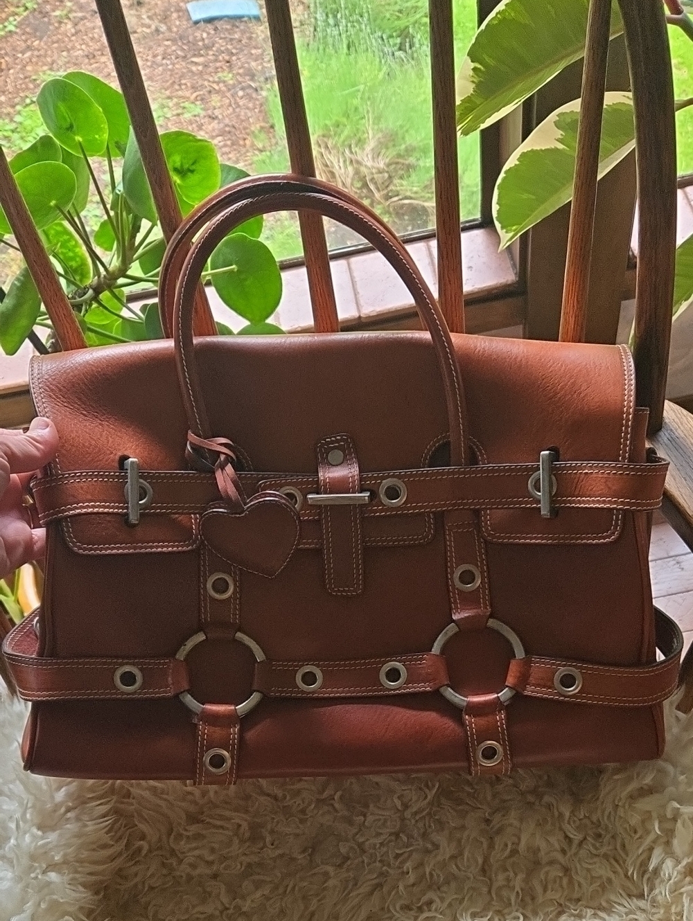Vintage Luella Cognac Brown Leather Ring-Accent Satchel